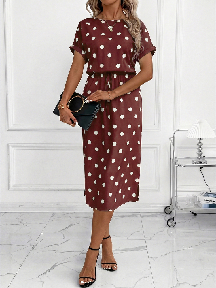 Editum Women's Autumn New Batwing Sleeve Polka Dot Dress, Black & White, Versatile For Daily Commute And Multiple Occasions - Burgundy - View 6
