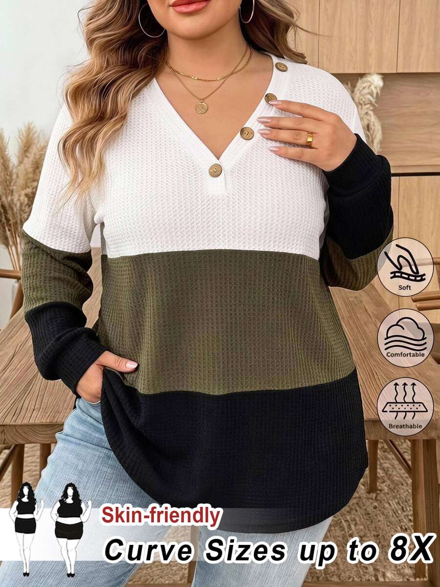 SHEIN CURVE+ Kaos Kasual Lengan Panjang Wanita Ukuran Besar dengan Desain Kancing, Leher V, dan Warna Kontras untuk Musim Gugur - MultiWarna - View 1