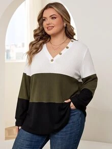 SHEIN CURVE+ Kaos Kasual Lengan Panjang Wanita Ukuran Besar dengan Desain Kancing, Leher V, dan Warna Kontras untuk Musim Gugur - MultiWarna - View 3