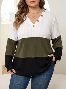SHEIN CURVE+ Kaos Kasual Lengan Panjang Wanita Ukuran Besar dengan Desain Kancing, Leher V, dan Warna Kontras untuk Musim Gugur - MultiWarna - View 4