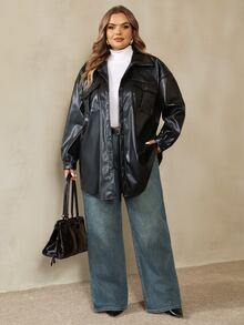 SHEIN CURVE+ Plus-Size Casual Denim Printed Shirt For Commuting Summer Outfits, Holiday Outfits, Beach Outfits, Winter - Black - View 5