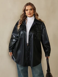 SHEIN CURVE+ Plus-Size Casual Denim Printed Shirt For Commuting Summer Outfits, Holiday Outfits, Beach Outfits, Winter - Black - View 4