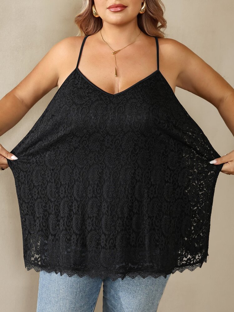SHEIN CURVE+ 大尺碼女款 22w 素色休閒優雅百搭日常細肩帶背心 約會之夜穿搭 - 黑色 - 查看 3