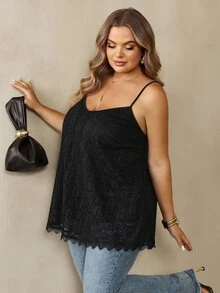 SHEIN CURVE+ Plus Size Women 22w Solid Color Casual Elegant Versatile Everyday Camisole Tank Top Date Night - Black - View 6