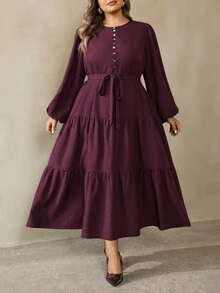 SHEIN CURVE+ Plus Size Fashion Button Petal Sleeve Dress Fall Brunch Party Formal Dark Purple Elegant - Burgundy - View 3