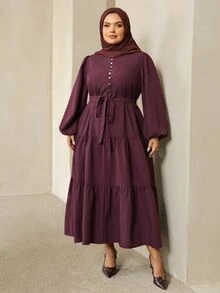 SHEIN CURVE+ Plus Size Fashion Button Petal Sleeve Dress Fall Brunch Party Formal Dark Purple Elegant - Burgundy - View 6