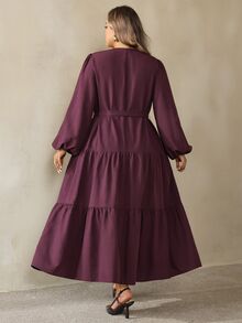 SHEIN CURVE+ Plus Size Fashion Button Petal Sleeve Dress Fall Brunch Party Formal Dark Purple Elegant - Burgundy - View 2
