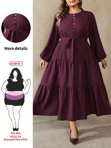 SHEIN CURVE+ Plus Size Fashion Button Petal Sleeve Dress Fall Brunch Party Formal Dark Purple Elegant - Burgundy - View 1