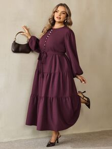 SHEIN CURVE+ Plus Size Fashion Button Petal Sleeve Dress Fall Brunch Party Formal Dark Purple Elegant - Burgundy - View 5