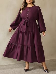 SHEIN CURVE+ Plus Size Fashion Button Petal Sleeve Dress Fall Brunch Party Formal Dark Purple Elegant - Burgundy - View 4
