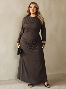 SHEIN CURVE+ 大尺碼女款秋冬黃色優雅長袖百褶洋裝 - 咖啡棕 - 查看 1