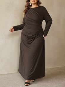 SHEIN CURVE+ 大尺碼女款秋冬黃色優雅長袖百褶洋裝 - 咖啡棕 - 查看 4