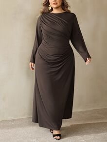 SHEIN CURVE+ 大尺碼女款秋冬黃色優雅長袖百褶洋裝 - 咖啡棕 - 查看 5