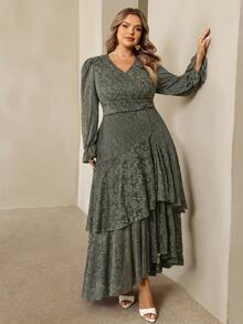 SHEIN CURVE+ Plus Size 22W Women's Fashion Printed Ruffle Wave Hem High Elastic Cinched Waist Flattering Long Dre Fall - Green - View 7