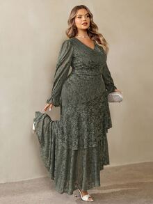 SHEIN CURVE+ Plus Size 22W Women's Fashion Printed Ruffle Wave Hem High Elastic Cinched Waist Flattering Long Dre Fall - Green - View 6