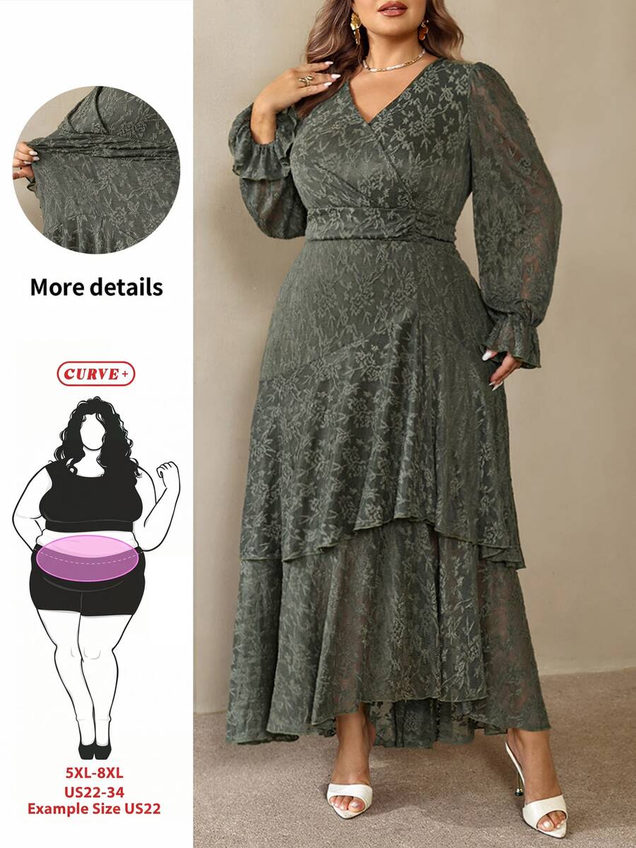 SHEIN CURVE+ Plus Size 22W Women's Fashion Printed Ruffle Wave Hem High Elastic Cinched Waist Flattering Long Dre Fall - Green - View 1