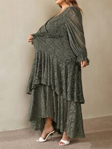 SHEIN CURVE+ Plus Size 22W Women's Fashion Printed Ruffle Wave Hem High Elastic Cinched Waist Flattering Long Dre Fall - Green - View 4