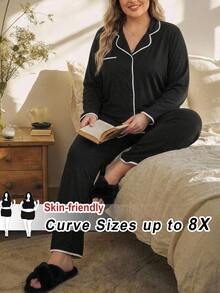SHEIN CURVE+ 大尺碼女款針織高彈力對比滾邊兩件式睡衣套裝，居家休閒夜穿，黑白配色，秋季傳統優雅休閒風 - 黑與白 - 查看 9