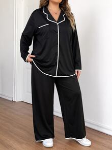 SHEIN CURVE+ 大尺碼女款針織高彈力對比滾邊兩件式睡衣套裝，居家休閒夜穿，黑白配色，秋季傳統優雅休閒風 - 黑與白 - 查看 3