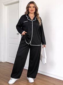 SHEIN CURVE+ 大尺碼女款針織高彈力對比滾邊兩件式睡衣套裝，居家休閒夜穿，黑白配色，秋季傳統優雅休閒風 - 黑與白 - 查看 6