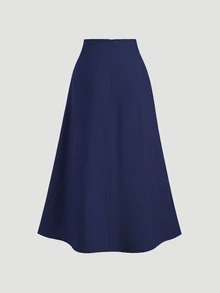 Sweetra Falda línea A elegante y cómoda para mujer, diseño drapeado con efecto estilizante, adecuada para primavera y otoño - Azul Marino - Ver 2