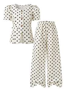 SHEIN Young Girls' Polka Dot Print Short Sleeve Top & Wide Leg Pants Set, Casual Comfy Two Pieces Outfit For Daily Wear - White - View 3