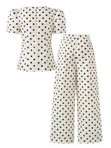 SHEIN Young Girls' Polka Dot Print Short Sleeve Top & Wide Leg Pants Set, Casual Comfy Two Pieces Outfit For Daily Wear - White - View 2