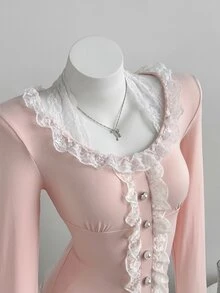 Elamini Sexy Sweet Style Large U-Neck Lace Trim Bowknot Fitted Long Sleeve T-Shirt - Pink - View 6