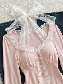 Elamini Sexy Sweet Style Large U-Neck Lace Trim Bowknot Fitted Long Sleeve T-Shirt - Pink - View 8