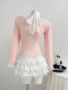 Elamini Sexy Sweet Style Large U-Neck Lace Trim Bowknot Fitted Long Sleeve T-Shirt - Pink - View 2