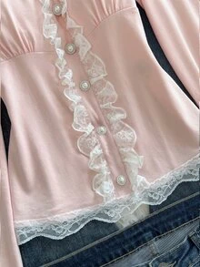 Elamini Sexy Sweet Style Large U-Neck Lace Trim Bowknot Fitted Long Sleeve T-Shirt - Pink - View 7