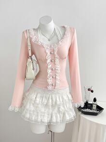 Elamini Sexy Sweet Style Large U-Neck Lace Trim Bowknot Fitted Long Sleeve T-Shirt - Pink - View 4
