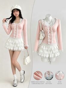 Elamini Sexy Sweet Style Large U-Neck Lace Trim Bowknot Fitted Long Sleeve T-Shirt - Pink - View 1