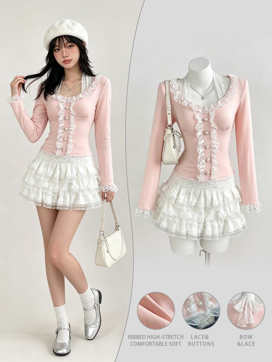 Elamini Sexy Sweet Style Large U-Neck Lace Trim Bowknot Fitted Long Sleeve T-Shirt - Pink - View 1