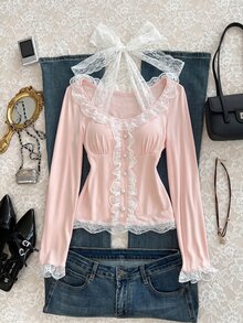 Elamini Sexy Sweet Style Large U-Neck Lace Trim Bowknot Fitted Long Sleeve T-Shirt - Pink - View 3