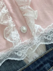 Elamini Sexy Sweet Style Large U-Neck Lace Trim Bowknot Fitted Long Sleeve T-Shirt - Pink - View 5
