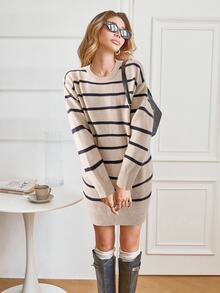 Louniche One Pcs Beige Pullover Sweater Dress For Women Brunch Travel Autumn Minimalist Casual - Apricot - View 7