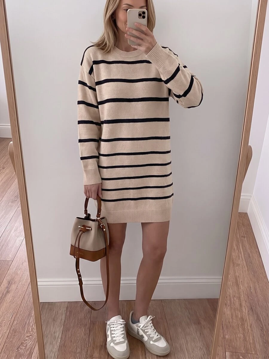 Louniche One Pcs Beige Pullover Sweater Dress For Women Brunch Travel Autumn Minimalist Casual - Apricot - View 1