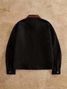 HIMLAND 男士燈芯絨夾克，復古工裝風，對比領設計，黑色休閒外套，美式復古，拉鍊開襟，街頭風，適合秋冬冬季 - 黑色 - 查看 3