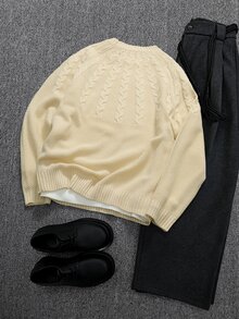 Manfinity Homme 男士簡約百搭麻花編織長袖針織衫，適合日常穿著 - 米色 - 查看 2