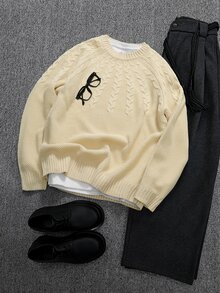 Manfinity Homme 男士簡約百搭麻花編織長袖針織衫，適合日常穿著 - 米色 - 查看 6