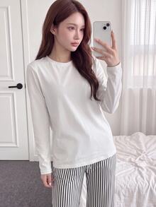 Comfortcana Women's Autumn Casual T-Shirt White Black And White Striped Long Pants 2 Pieces Set Lounge Travel - White - View 5