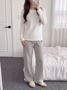Comfortcana Women's Autumn Casual T-Shirt White Black And White Striped Long Pants 2 Pieces Set Lounge Travel - White - View 6