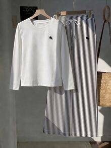 Comfortcana Women's Autumn Casual T-Shirt White Black And White Striped Long Pants 2 Pieces Set Lounge Travel - White - View 8