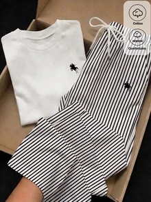 Comfortcana Women's Autumn Casual T-Shirt White Black And White Striped Long Pants 2 Pieces Set Lounge Travel - White - View 1