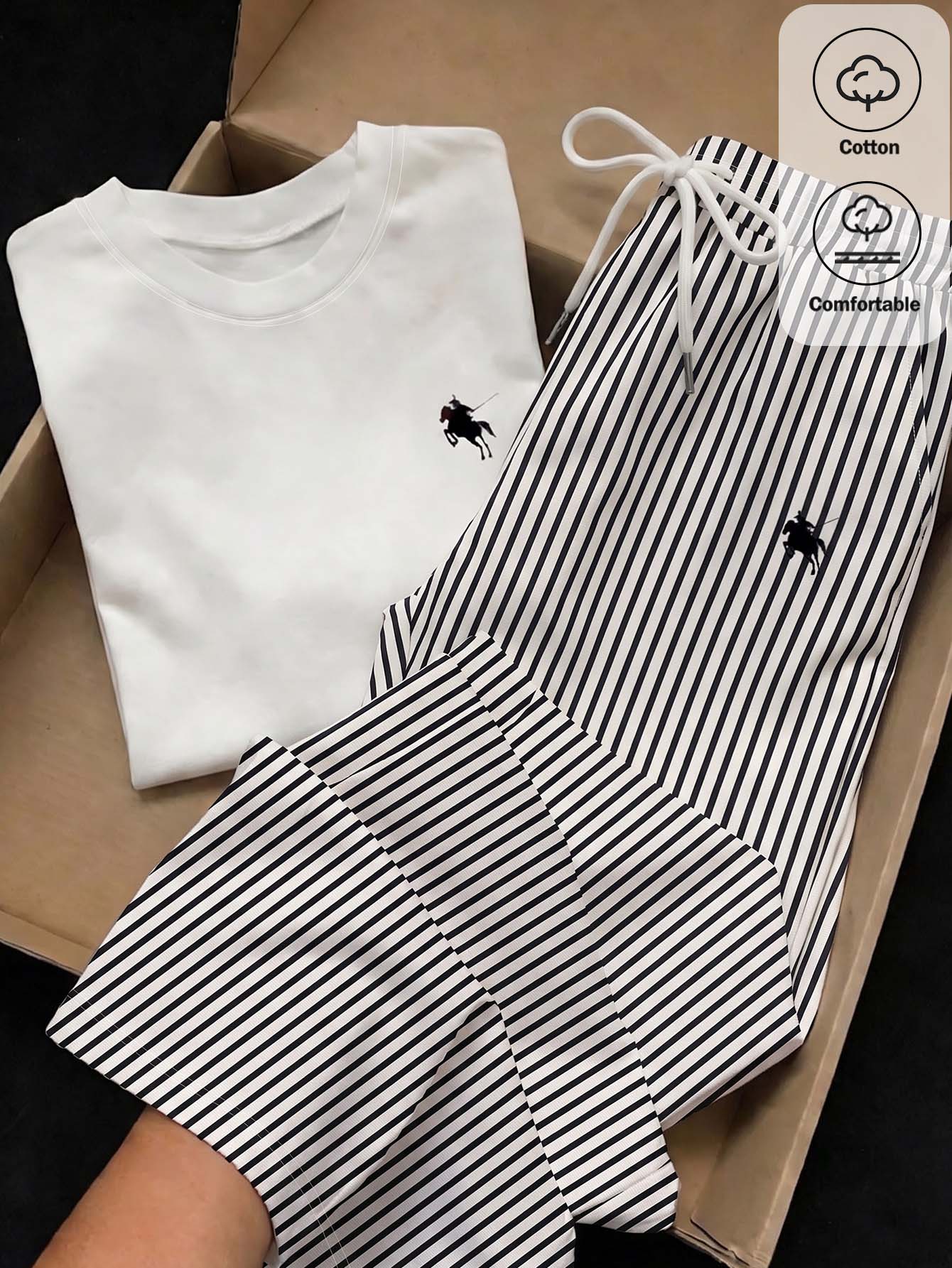 Comfortcana Women's Autumn Casual T-Shirt White Black And White Striped Long Pants 2 Pieces Set Lounge Travel - White - View 1