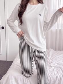 Comfortcana Women's Autumn Casual T-Shirt White Black And White Striped Long Pants 2 Pieces Set Lounge Travel - White - View 3
