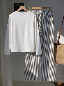 Comfortcana Women's Autumn Casual T-Shirt White Black And White Striped Long Pants 2 Pieces Set Lounge Travel - White - View 2