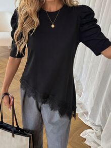 Editum 女款優雅黑色不對稱下擺蕾絲飾邊上衣，純色泡泡短袖襯衫，休閒夏季T恤，適合約會、度假、戶外日常穿著 - 黑色 - 查看 5