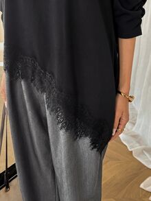 Editum 女款優雅黑色不對稱下擺蕾絲飾邊上衣，純色泡泡短袖襯衫，休閒夏季T恤，適合約會、度假、戶外日常穿著 - 黑色 - 查看 6
